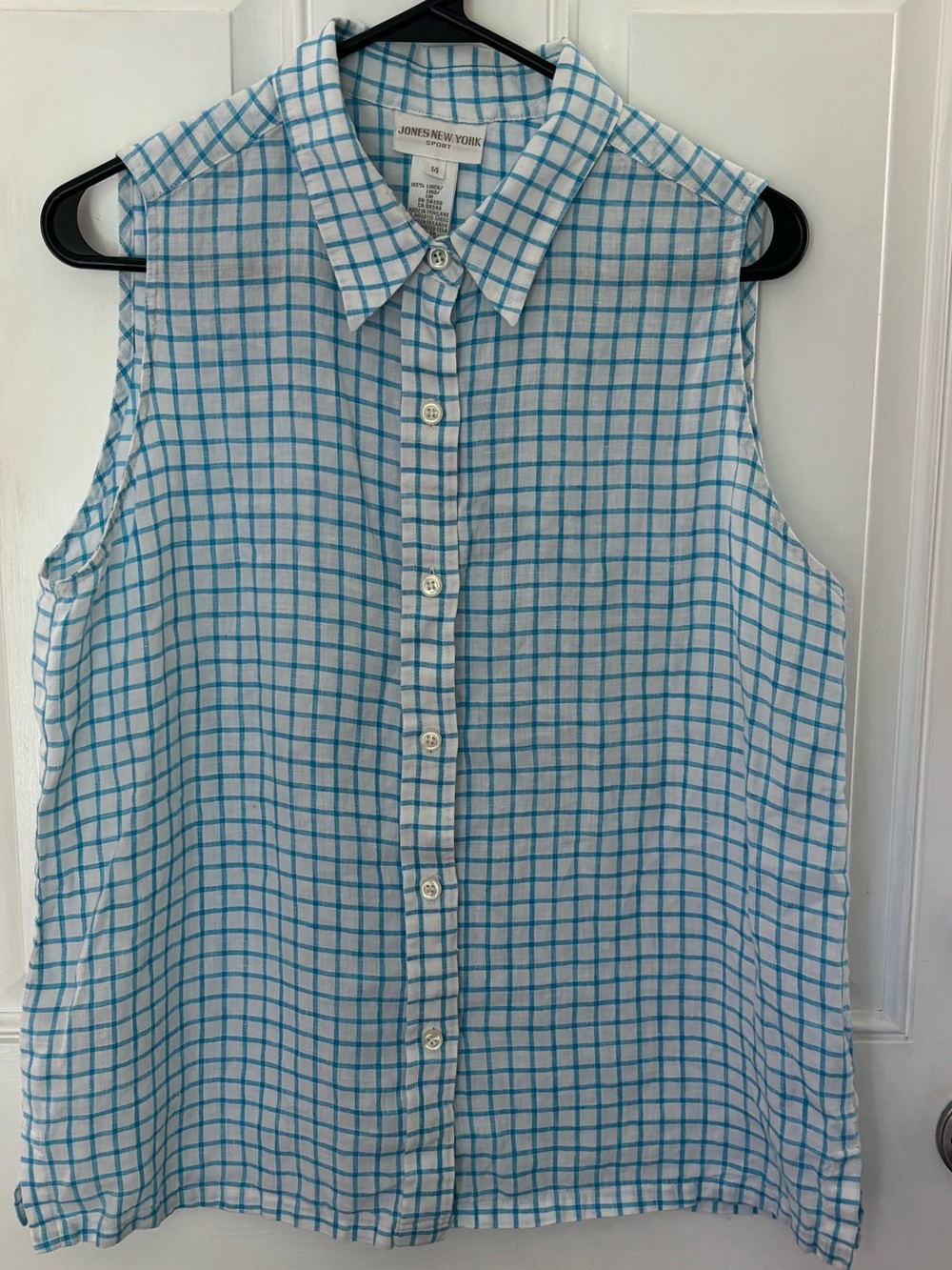 Jones New York Sport 100% Linen Blue Plaid Sleeveless Button Front Top Size 14